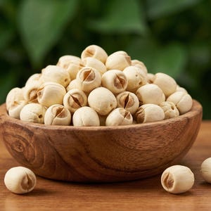May include: A wooden bowl brimming with dried lotus seeds. The seeds are a creamy white colour and have a distinctive split appearance. Several seeds are scattered around the bowl on a wooden surface. The background is a blurred green.