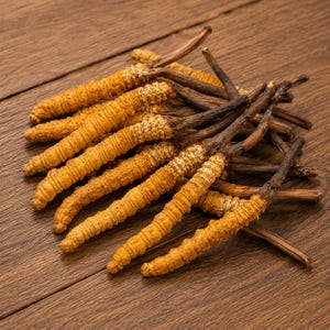 Könnte beinhalten: Eine Ansammlung getrockneter Cordyceps sinensis-Exemplare, die jeweils einen langen, segmentierten, goldgelben Körper aufweisen, der an einem Ende in eine dunkelbraune, schlanke, stielartige Struktur übergeht und in einem Bündel angeordnet ist.