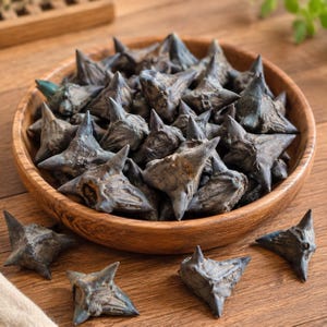May include: A wooden bowl filled with numerous dark, dried water caltrop nuts, each featuring a distinct four-pointed, horned shape with a rough, textured surface. Several additional individual water caltrop nuts are scattered around the bowl.