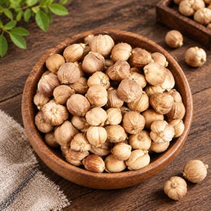 Puede incluir: Un cuenco de madera lleno de numerosas vainas de cardamomo secas de color marrón claro. Las vainas tienen una textura redondeada y estriada y están agrupadas. Varias vainas individuales están esparcidas sobre la superficie de madera.