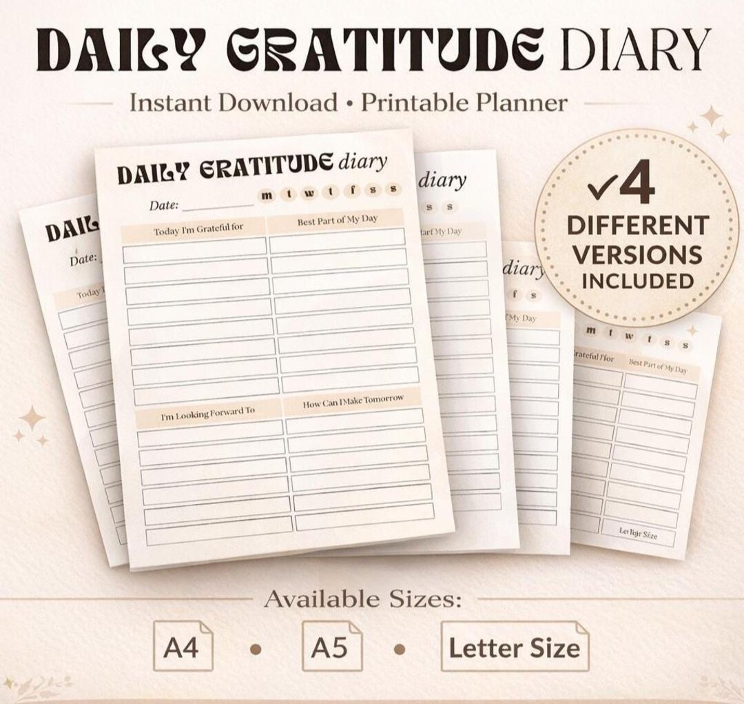 Daily Gratitude Journal Printable | Self-care Diary Planner (digital ...
