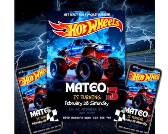 Bewerkbare Monster Truck-verjaardagsuitnodiging | Canva-uitnodiging Hot Wheels Racing | Afdrukbare feestuitnodiging (directe download)