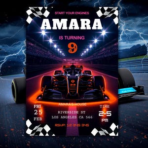 May include: A birthday party invitation with a race car theme. The invitation features the name "AMARA" in large white letters, the number "9", and the text "START YOUR ENGINES". The date and time are also included.