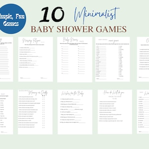May include: Ten minimalist baby shower games printed on white paper. The title "10 Minimalist Baby Shower Games" is displayed in black and blue script. A blue circle with the words "simple, Fun Games" is in the upper left corner.