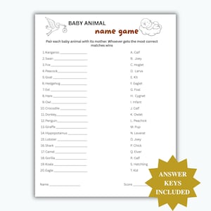 Peut inclure: Un jeu de noms d'animaux bébés imprimé sur papier blanc. Le jeu consiste à associer chaque animal bébé à sa mère. Le texte "Answer Keys Included" est sur un graphique en forme d'étoile dorée.