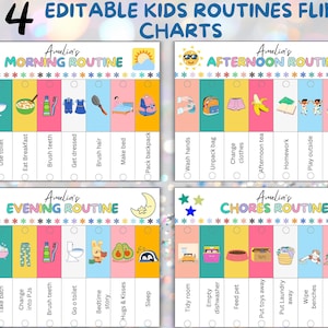 Op de afbeelding: Vier kleurrijke, bewerkbare kinderroutine-flipcharts. Elke kaart toont een andere dagelijkse routine: ochtend, middag, avond en klusjes. De kaarten bevatten geïllustreerde taken met selectievakjes.