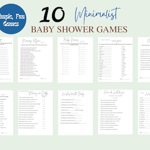 Puede incluir: Una colección de diez juegos minimalistas para baby shower impresos en papel blanco. Los juegos incluyen "Emoji Pictionary", "Nursery Rhyme Quiz" y "Baby Name Race". El título "10 Minimalist Baby Shower Games" se muestra en texto negro y azul.