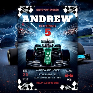 May include: A birthday party invitation featuring a green race car speeding down a track. The invitation reads "ANDREW IS TURNING 5" in large white letters. The background has a stormy sky and checkered flags.