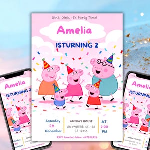 Editable Peppa Pig Birthday Invitation: Kids Birthday Party Invite, Personalized Canva Template, Digital Download