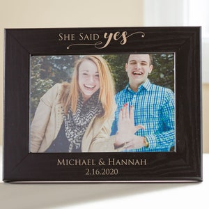 4x6 Beige and Champagne Gold Photo Frame with Burlap Jeweled Bow He asked...She said yes personalized at the bottom