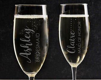 Engraved Personalized Bridesmaid Champagne Glass by Lifetime Creations: Stemmed Champagne Flute Custom Bridesmaid Gifts, SHIPS FAST