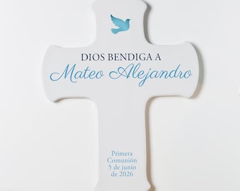 Cruz de Pared Personalizada para Primera Comunión de Niño por Lifetime Creations: Regalo de Comunión para Niño, Cruz de Porcelana Azul 9"