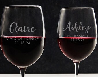 Engraved Personalized Bridesmaid Stemmed Wine Glass by Lifetime Creations: Custom Maid of Honor, Bridal Shower, Bachelorette Party Gifts