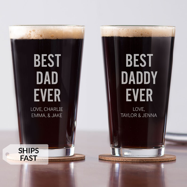 A personalized pint glass by Lifetime Creations is laser engraved with Best Dad Ever and personalized with his childrens names. Makes a great custom Fathers Day gift that dad will be sure to use over the years.