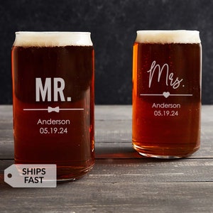 Pair of 2 Engraved Personalized Mr. & Mrs. Beer Can Glasses by Lifetime Creations: Wedding Gift, Coffee Glass, Dishwasher Safe, SHIPS FAST