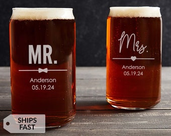 Pair of 2 Engraved Personalized Mr. & Mrs. Beer Can Glasses by Lifetime Creations: Wedding Gift, Coffee Glass, Dishwasher Safe, SHIPS FAST
