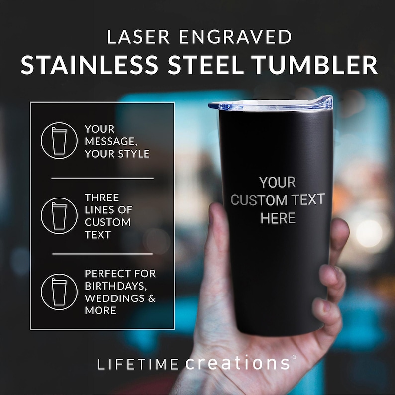 Vaso térmico personalizado grabado de Lifetime Creations: Vaso térmico personalizado de acero inoxidable de 590 ml, taza de viaje para café personalizada, con aislamiento térmico. imagen 3