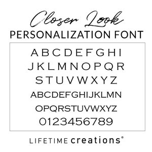 Closer look at font used for personalization on item. Alphabet showing a strong serif font with false caps.