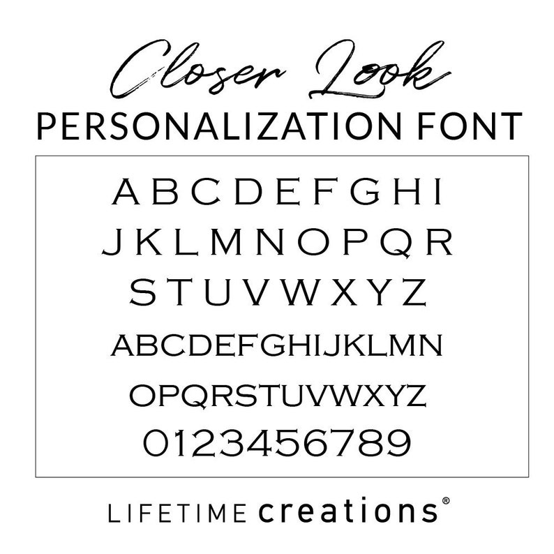 Closer look at font used for personalization on item. Alphabet showing a strong serif font with false caps.