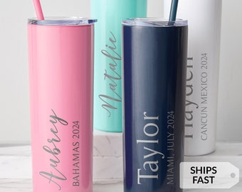 Engraved Personalized Vacation Skinny Tumbler with Straw by Lifetime Creations: Girls Trip Gifts Favors, Spring Break, Destination Wedding