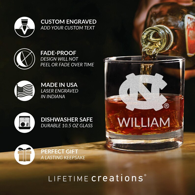 Personalized North Carolina Tar Heels Whiskey Glass by Lifetime Creations: Officially Licensed UNC Tarheels, UNC Gifts, Made in USA image 3
