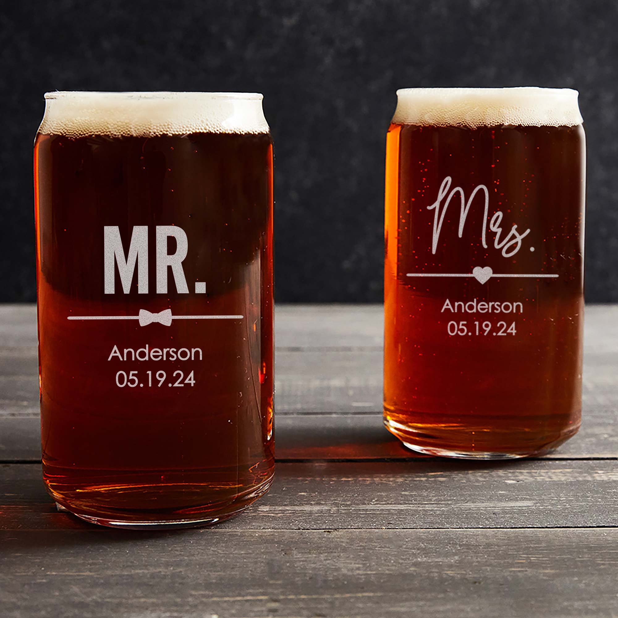 Hand Cut Mr. & Mrs. Pilsner Beer Glass