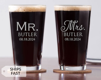 Pair of 2 Engraved Personalized Mr. & Mrs. Pint Glasses by Lifetime Creations: Mr. and Mrs. Beer Glasses, Wedding Gift, Shower, SHIPS FAST