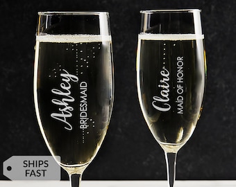 Verre à champagne pour demoiselle d'honneur avec nom gravé en écriture verticale - Flûte à champagne gravée - Fabriqué aux États-Unis