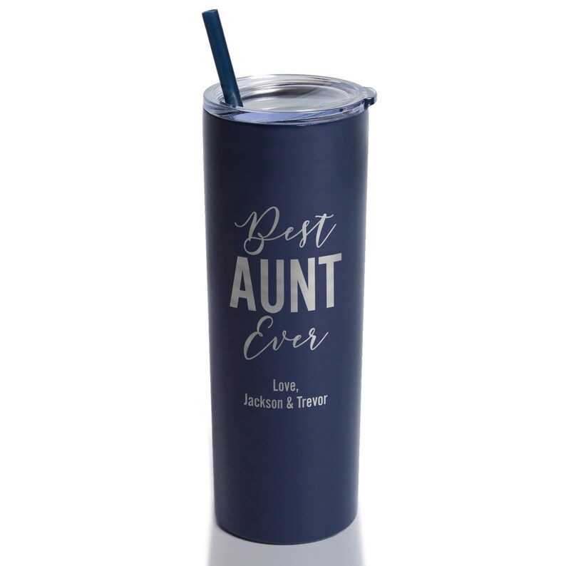 Vaso personalizado grabado "La mejor tía del mundo" con pajita de Lifetime Creations: Regalo personalizado para anunciar el embarazo de una tía primeriza, regalos para tías Navy