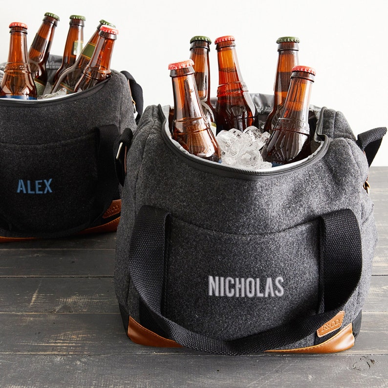 Each soft-sided cooler bag is customized to make it both fashionable and functional. The material combines wool/poly and vinyl accents! A complimentary bottle opener and a 12 bottle collapsible die-cut insert are included in every order.