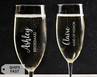 Engraved Personalized Bridesmaid Champagne Glass by Lifetime Creations: Stemmed Champagne Flute Custom Bridesmaid Gifts, Toasting Glass