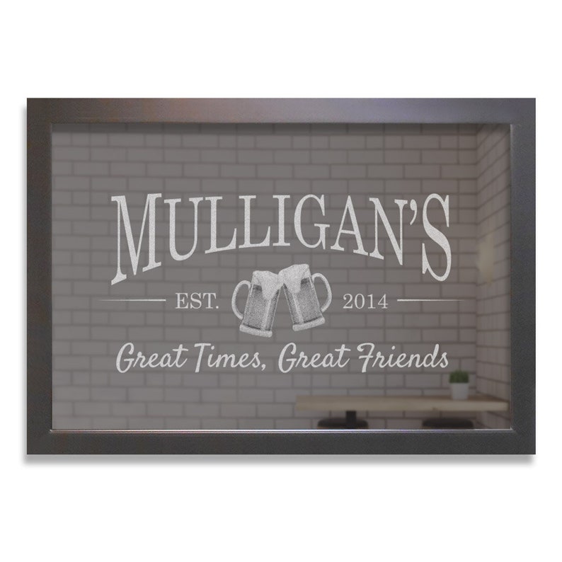 Large personalized Craft Beer Bar Mirror with black frame sized 39 inches wide by 27 inches tall.