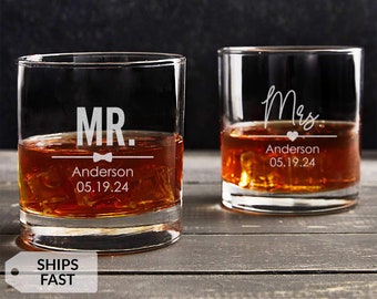 Pair of 2 Engraved Personalized Mr. & Mrs. Whiskey Glasses by Lifetime Creations: Rocks, Wedding Gift, Cocktail, Dishwasher safe, SHIPS FAST