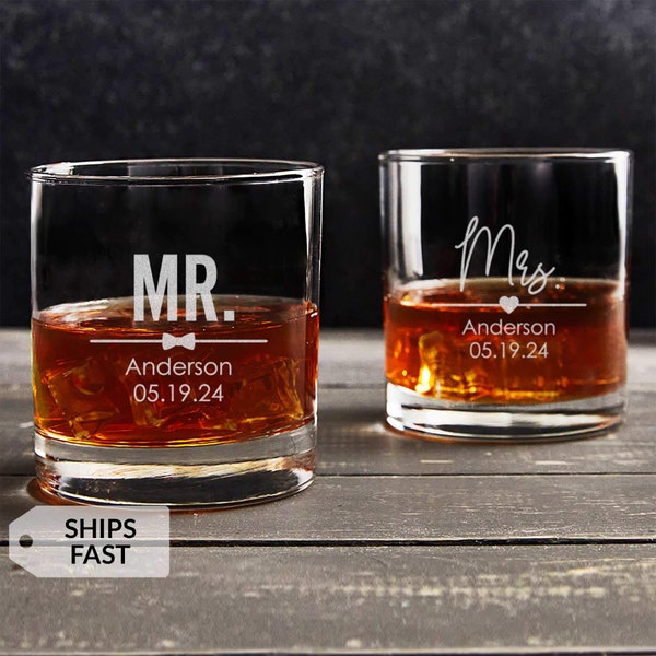 Pair of 2 Engraved Personalized Mr. & Mrs. Whiskey Glasses by Lifetime Creations: Rocks, Wedding Gift, Cocktail, Dishwasher safe, SHIPS FAST