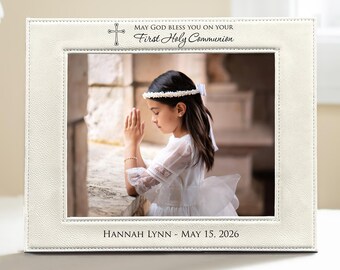 First Communion Picture Frame with Cross Vegan Leather Personalized 5x7 8x10