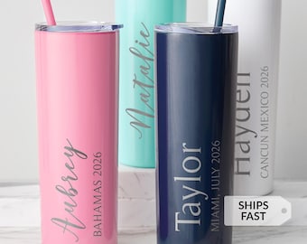 Engraved Personalized Vacation Skinny Tumbler with Straw by Lifetime Creations: Girls Trip Gifts Favors, Spring Break, Destination Wedding