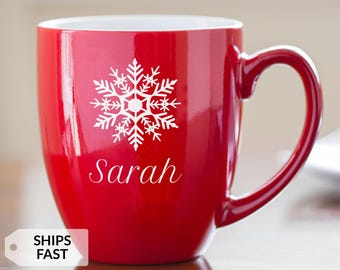 Snowflake Christmas Coffee Mug with Name - Engraved 16 oz Red Ceramic Cup