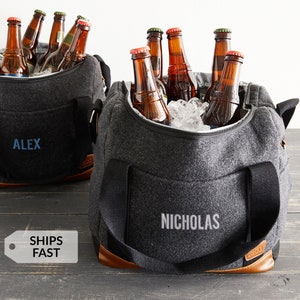 Each soft-sided cooler bag is customized to make it both fashionable and functional. The material combines wool/poly and vinyl accents! A complimentary bottle opener and a 12 bottle collapsible die-cut insert are included in every order.