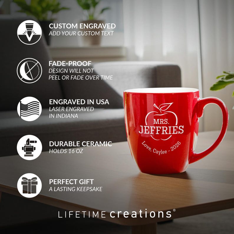 Engraved Personalized Teacher Coffee Mug by Lifetime Creations: 16 oz, Personalized Thank You Teacher Chrismas Gifts, Teacher Gifts image 2
