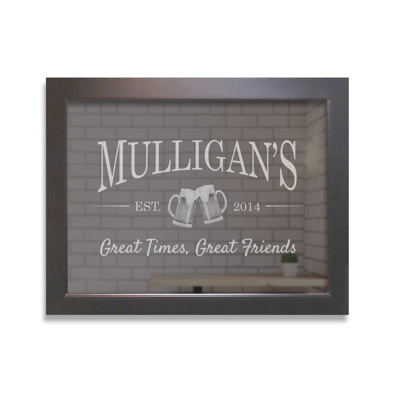 Medium personalized Beer Mugs Bar Mirror with black frame sized 27 inches wide by 21 inches tall.