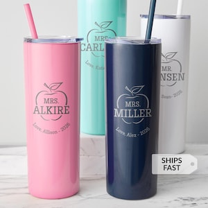 Teacher Skinny Tumbler with Straw Apple Design Personalized with Name and Note 20 oz