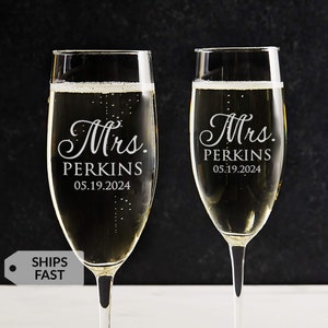Engraved Pair of 2 Personalized Mrs & Mrs Champagne Glasses by Lifetime Creations: Gift for Lesbian Brides, LGBTQ Wedding Gift, SHIPS FAST