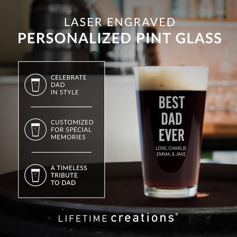 Personalized Best Dad Ever Pint Glass by Lifetime Creations: Father's Day Gifts, Beer Glass Gifts for Dad Birthday, MADE IN USA image 3