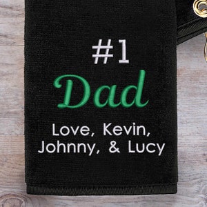 Remind your dad he's #1 while he's trying for a hole-in-one with our custom embroidered golf towel by Lifetime Creations! He's sure to love this personalized golfer gift embroidered with his kids' names.