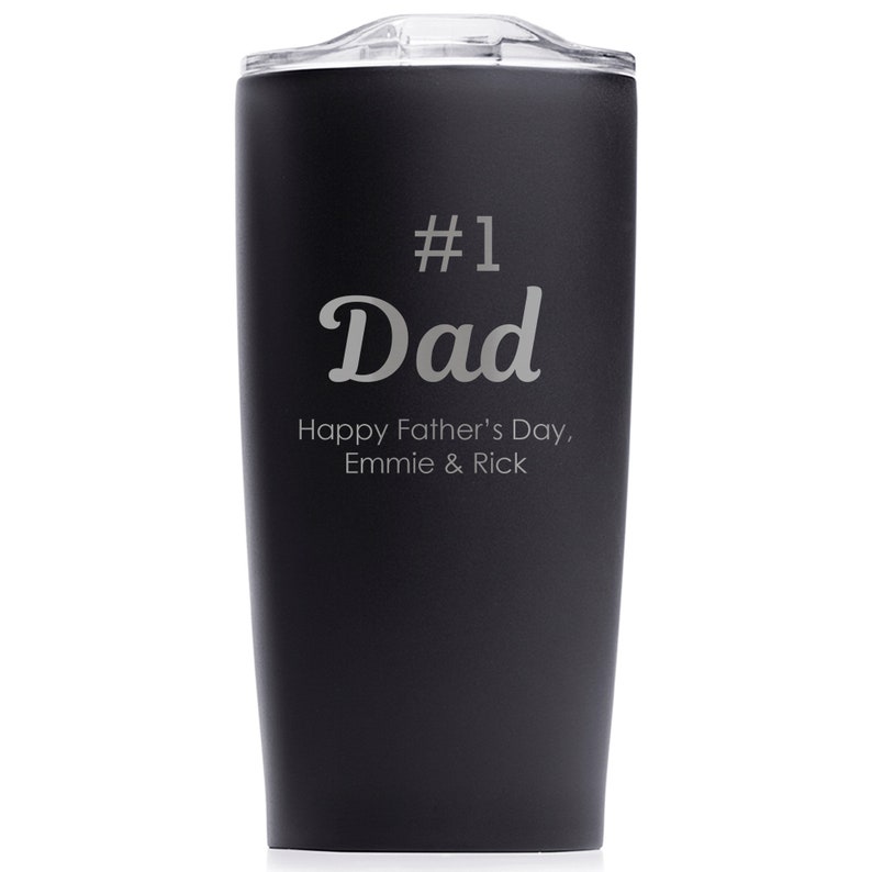 Dad will love his new #1 Dad tumbler by Lifetime Creations to enjoy his favorite beverage. Our personalized stainless steel tumblers are laser engraved and will not fade over time. Shown in black