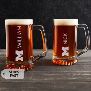 Personalized Michigan Wolverines Glass Mug by Lifetime Creations: 14 oz, 25 oz Officially Licensed Engraved Michigan Wolverines Gift for Men