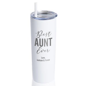Vaso personalizado grabado "La mejor tía del mundo" con pajita de Lifetime Creations: Regalo personalizado para anunciar el embarazo de una tía primeriza, regalos para tías White