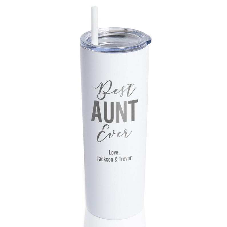 Vaso personalizado grabado "La mejor tía del mundo" con pajita de Lifetime Creations: Regalo personalizado para anunciar el embarazo de una tía primeriza, regalos para tías White