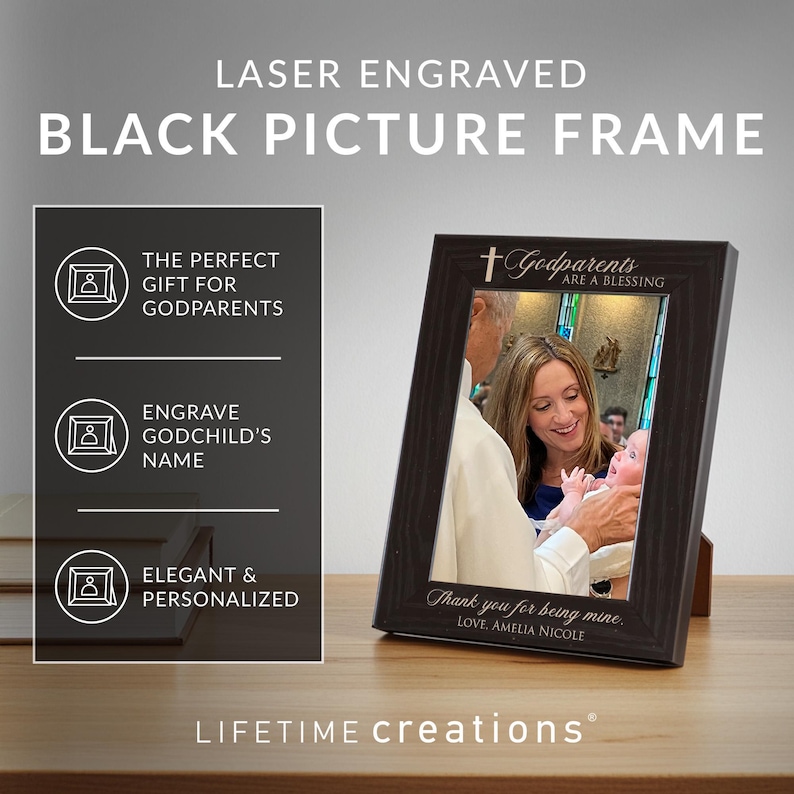 Personalized Godparent Picture Frame (Black): Personalized Godmother Gift, Personalized Godfather Gift, Gifts for Godparents, MADE IN USA image 2