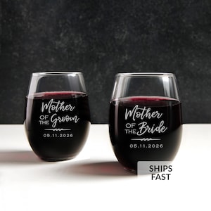 Personalized Mother of the Bride or Mother of the Groom Stemless Wine Glass by Lifetime Creations: Mother of the Bride Gift MADE IN USA